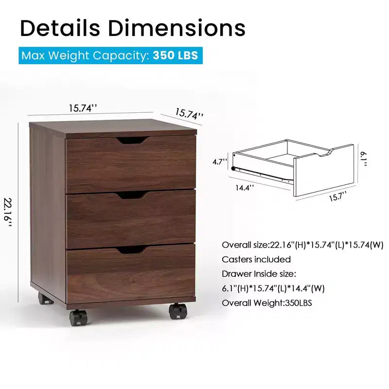 PexFix 3 Drawer Vertical File Cabinet Rolling Wooden Mobile Under Desk with Casters for Home Office