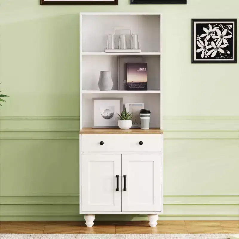 CLIHOME Farmhouse Storage Cabinet, Modern Kitchen Pantry Cabinet with Adjustable Shelves, 5 Tier Bookshelf with Drawer