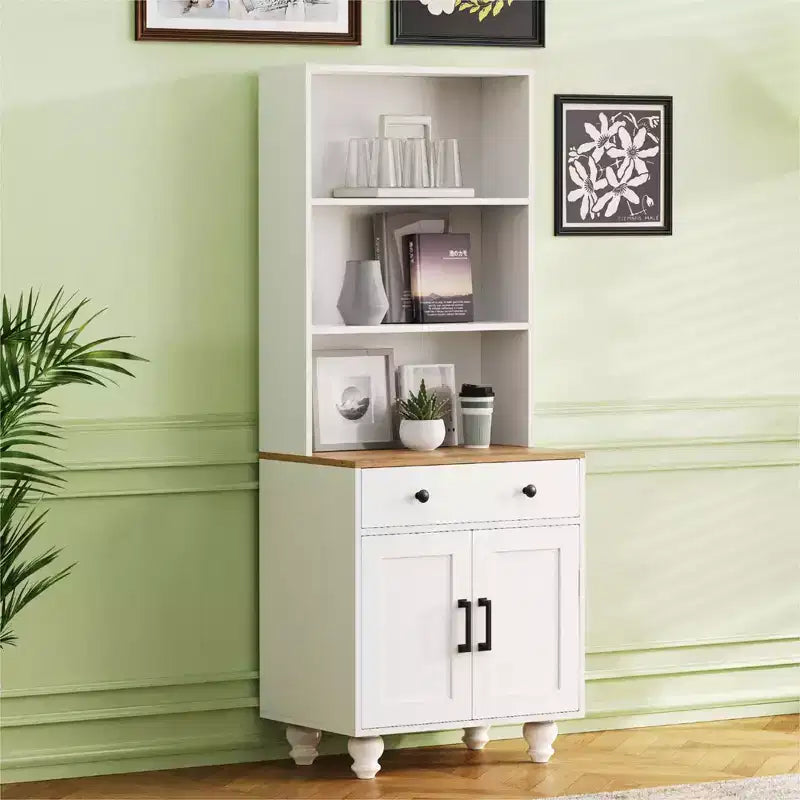 CLIHOME Farmhouse Storage Cabinet, Modern Kitchen Pantry Cabinet with Adjustable Shelves, 5 Tier Bookshelf with Drawer