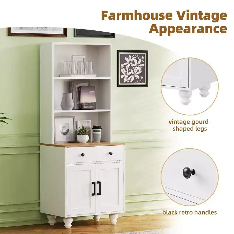 CLIHOME Farmhouse Storage Cabinet, Modern Kitchen Pantry Cabinet with Adjustable Shelves, 5 Tier Bookshelf with Drawer