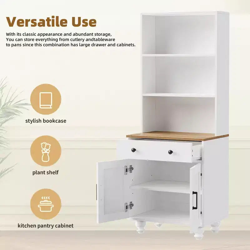 CLIHOME Farmhouse Storage Cabinet, Modern Kitchen Pantry Cabinet with Adjustable Shelves, 5 Tier Bookshelf with Drawer
