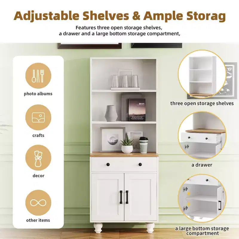 CLIHOME Farmhouse Storage Cabinet, Modern Kitchen Pantry Cabinet with Adjustable Shelves, 5 Tier Bookshelf with Drawer