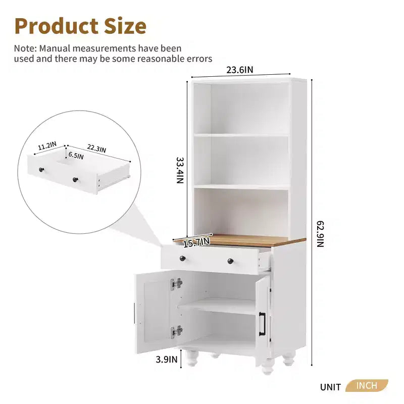 CLIHOME Farmhouse Storage Cabinet, Modern Kitchen Pantry Cabinet with Adjustable Shelves, 5 Tier Bookshelf with Drawer