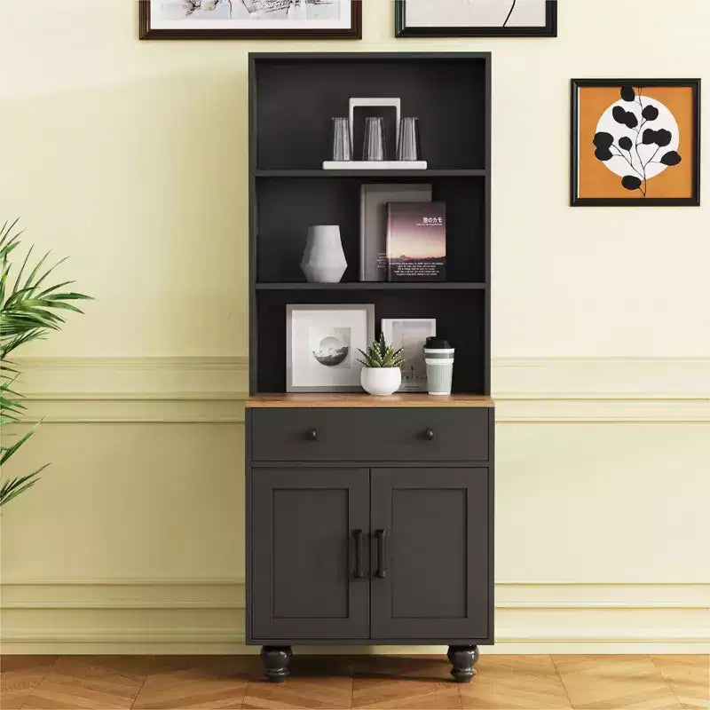 CLIHOME Farmhouse Storage Cabinet, Modern Kitchen Pantry Cabinet with Adjustable Shelves, 5 Tier Bookshelf with Drawer