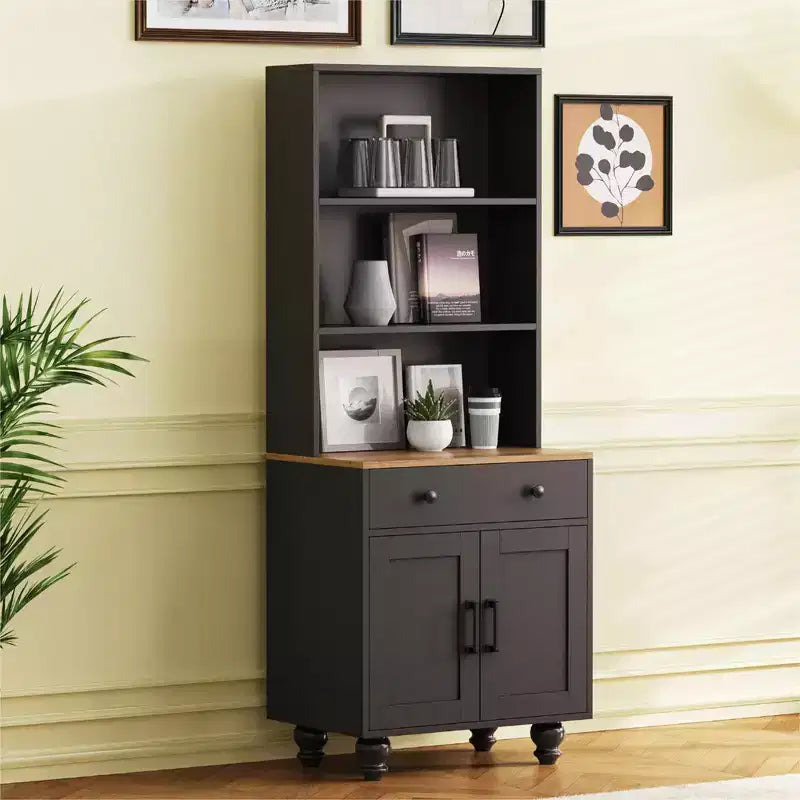 CLIHOME Farmhouse Storage Cabinet, Modern Kitchen Pantry Cabinet with Adjustable Shelves, 5 Tier Bookshelf with Drawer