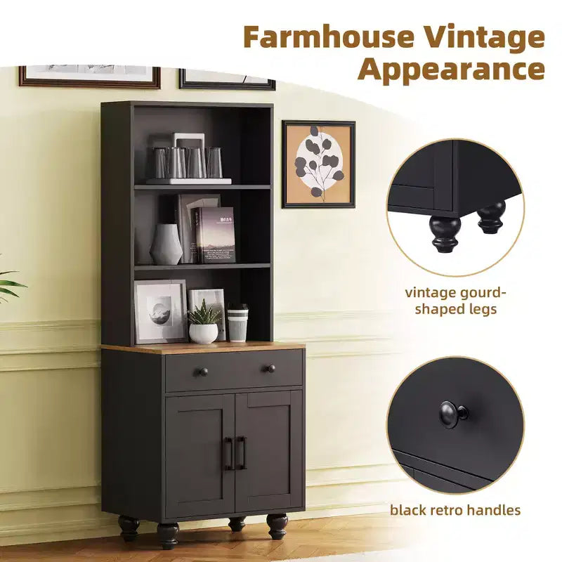 CLIHOME Farmhouse Storage Cabinet, Modern Kitchen Pantry Cabinet with Adjustable Shelves, 5 Tier Bookshelf with Drawer
