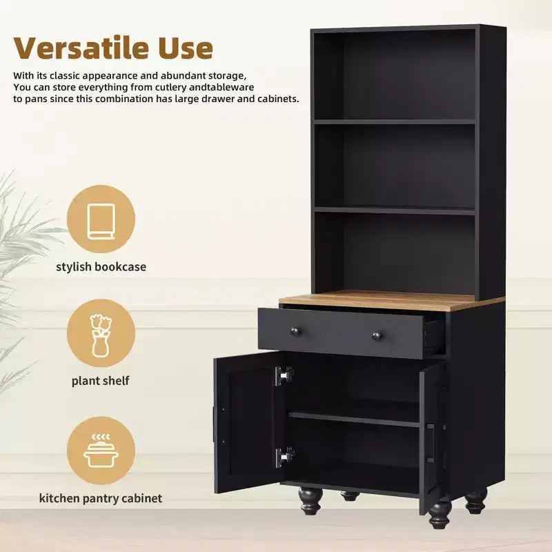 CLIHOME Farmhouse Storage Cabinet, Modern Kitchen Pantry Cabinet with Adjustable Shelves, 5 Tier Bookshelf with Drawer