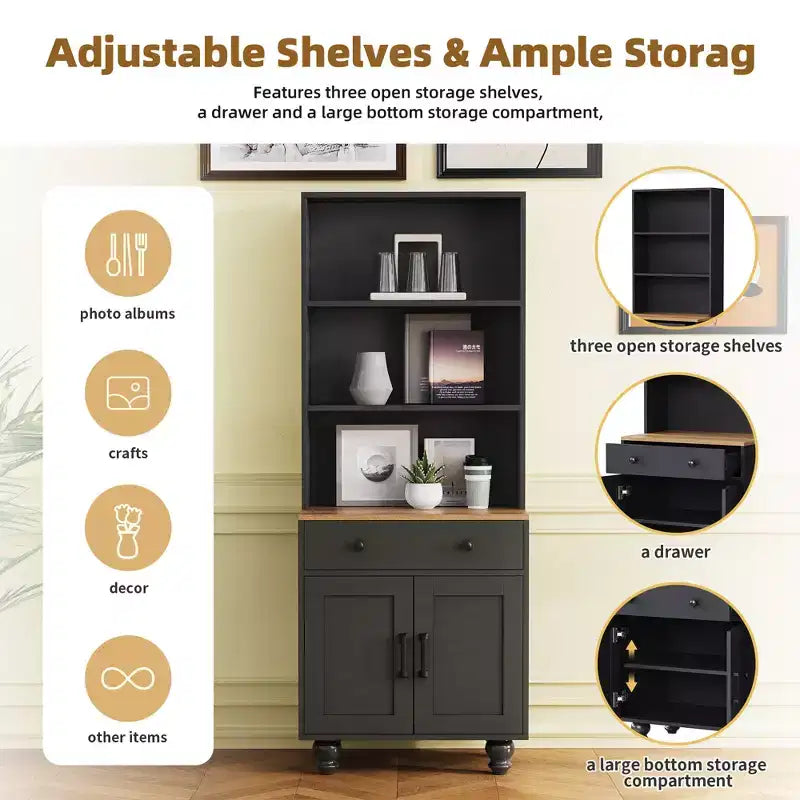 CLIHOME Farmhouse Storage Cabinet, Modern Kitchen Pantry Cabinet with Adjustable Shelves, 5 Tier Bookshelf with Drawer