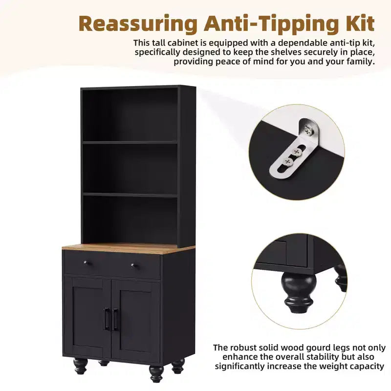 CLIHOME Farmhouse Storage Cabinet, Modern Kitchen Pantry Cabinet with Adjustable Shelves, 5 Tier Bookshelf with Drawer