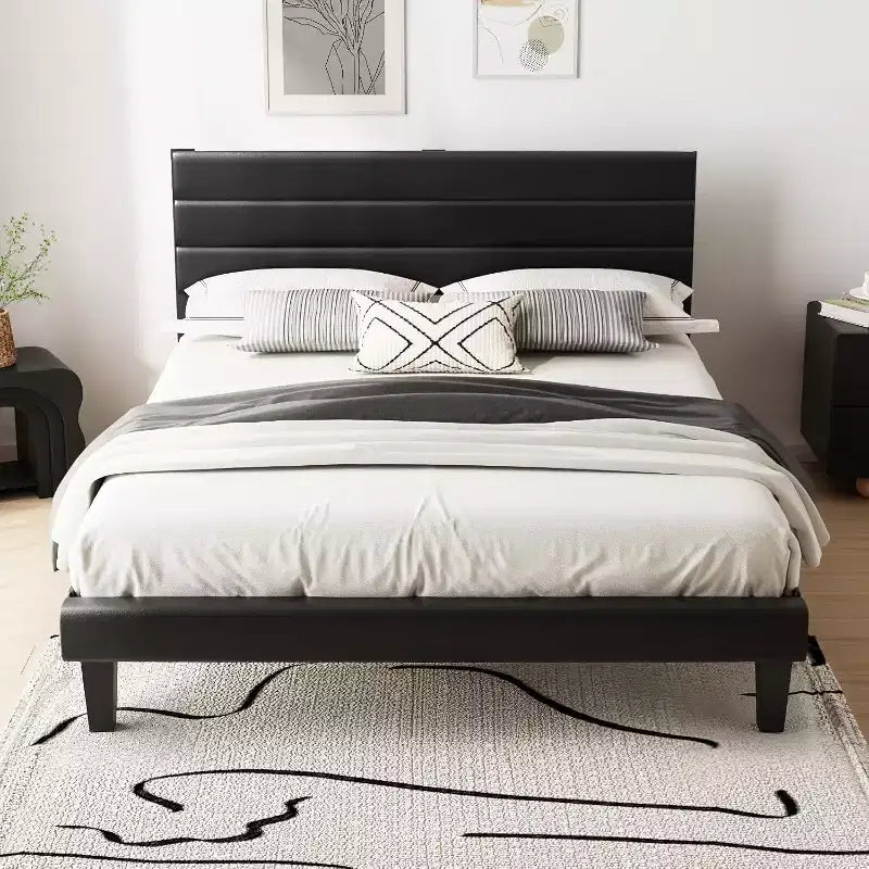 VINGLI Faux Leather Bed Frame, Upholstered Platform Bed with Adjustable Headboard,Heavy Duty Slats Support,Luxury Modern,No Box Spring Needed, Black