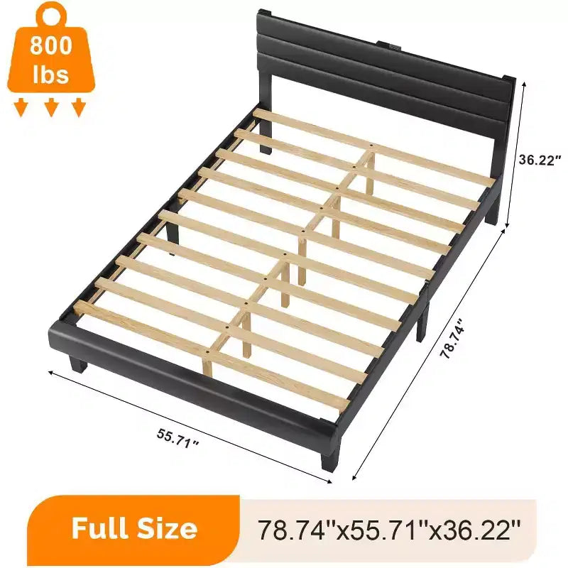 VINGLI Faux Leather Bed Frame, Upholstered Platform Bed with Adjustable Headboard,Heavy Duty Slats Support,Luxury Modern,No Box Spring Needed, Black
