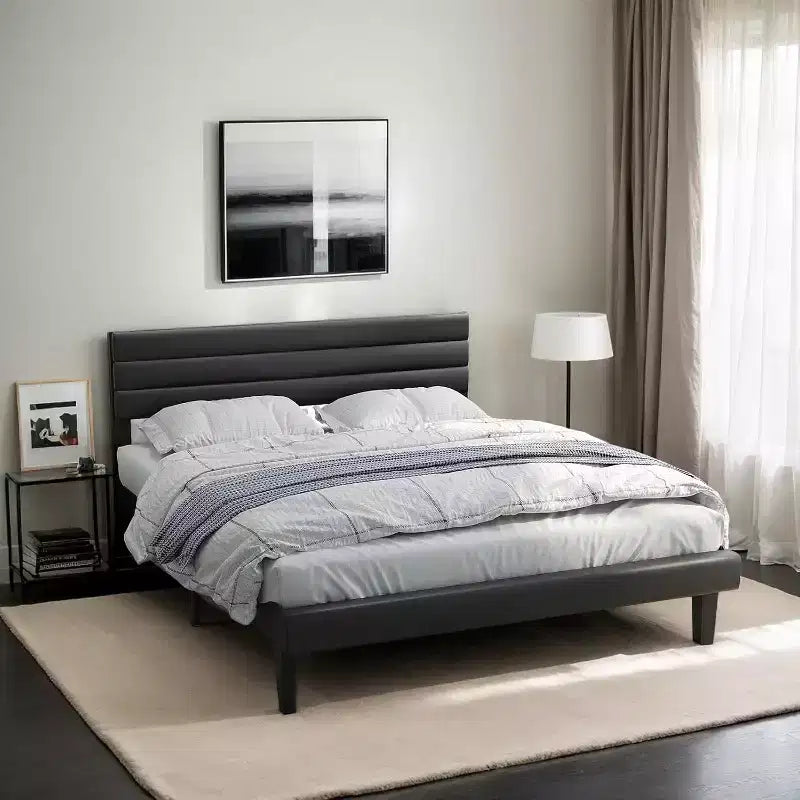 VINGLI Faux Leather Bed Frame, Upholstered Platform Bed with Adjustable Headboard,Heavy Duty Slats Support,Luxury Modern,No Box Spring Needed, Black