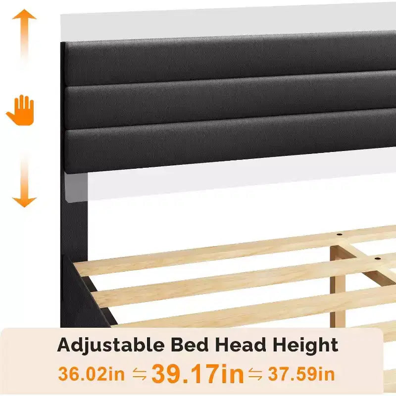 VINGLI Faux Leather Bed Frame, Upholstered Platform Bed with Adjustable Headboard,Heavy Duty Slats Support,Luxury Modern,No Box Spring Needed, Black