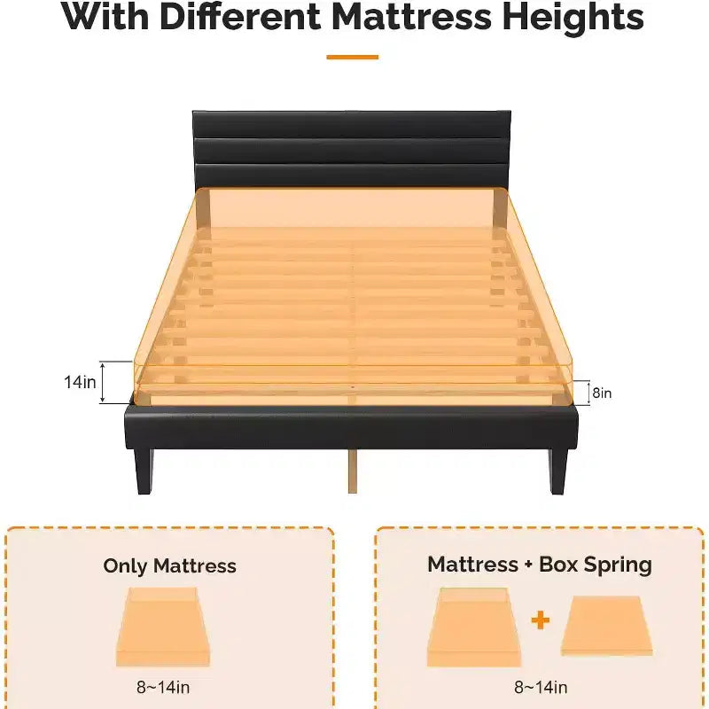 VINGLI Faux Leather Bed Frame, Upholstered Platform Bed with Adjustable Headboard,Heavy Duty Slats Support,Luxury Modern,No Box Spring Needed, Black