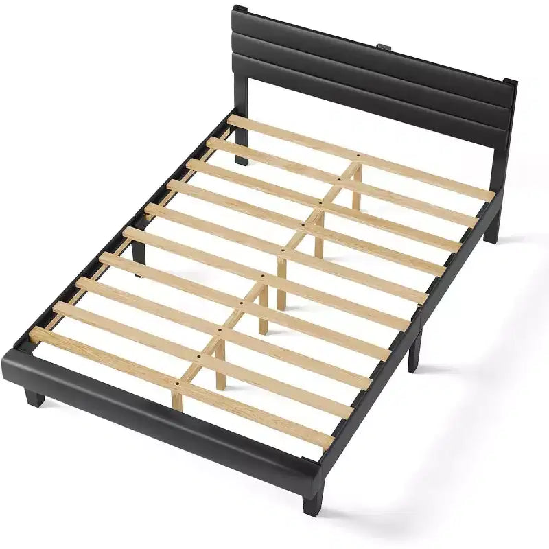 VINGLI Faux Leather Bed Frame, Upholstered Platform Bed with Adjustable Headboard,Heavy Duty Slats Support,Luxury Modern,No Box Spring Needed, Black