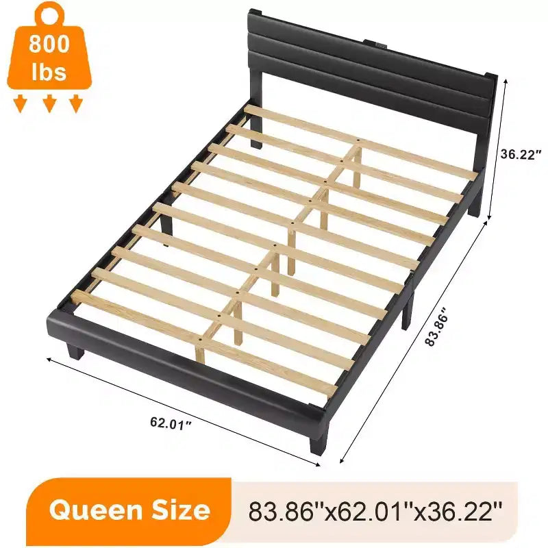 VINGLI Faux Leather Bed Frame, Upholstered Platform Bed with Adjustable Headboard,Heavy Duty Slats Support,Luxury Modern,No Box Spring Needed, Black