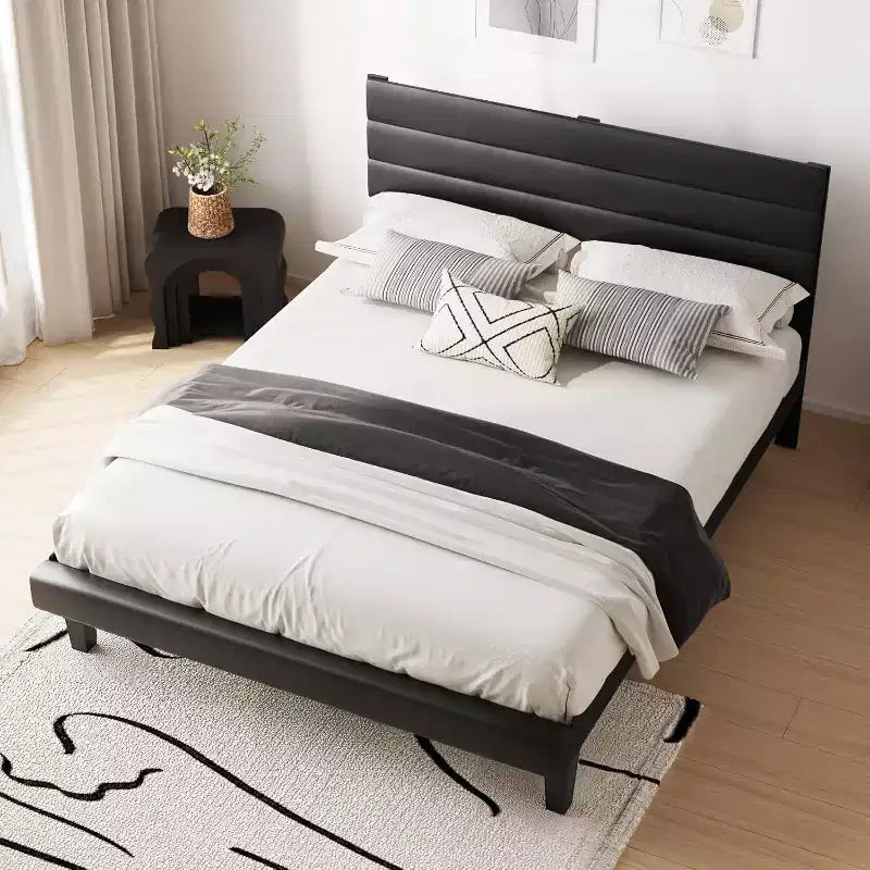 VINGLI Faux Leather Bed Frame, Upholstered Platform Bed with Adjustable Headboard,Heavy Duty Slats Support,Luxury Modern,No Box Spring Needed, Black