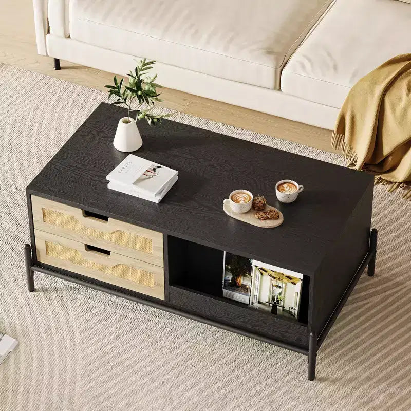 Modern Coffee Table for Living Room, Wood Center Table with LED Lights, 4 Rattan Drawers & 2 Storage Compartments, for Apartment, Office, Black/Oak
