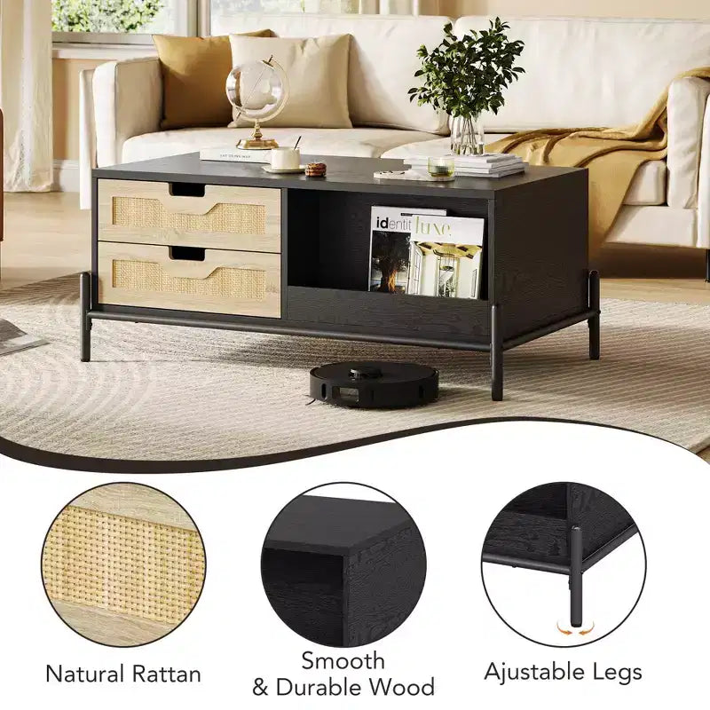 Modern Coffee Table for Living Room, Wood Center Table with LED Lights, 4 Rattan Drawers & 2 Storage Compartments, for Apartment, Office, Black/Oak