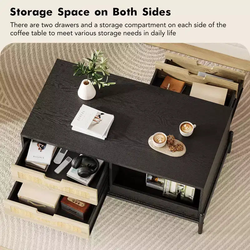 Modern Coffee Table for Living Room, Wood Center Table with LED Lights, 4 Rattan Drawers & 2 Storage Compartments, for Apartment, Office, Black/Oak