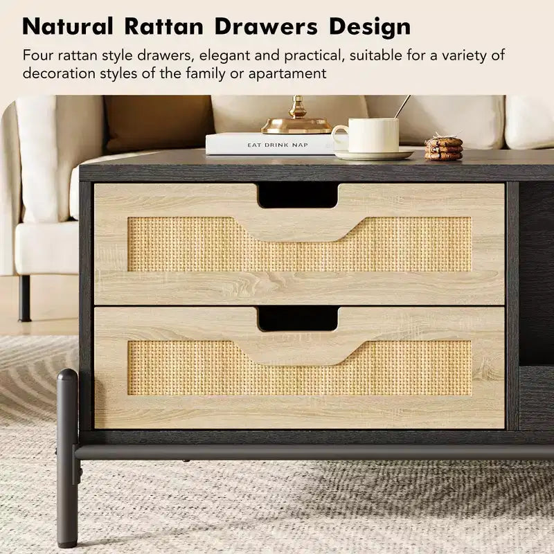 Modern Coffee Table for Living Room, Wood Center Table with LED Lights, 4 Rattan Drawers & 2 Storage Compartments, for Apartment, Office, Black/Oak