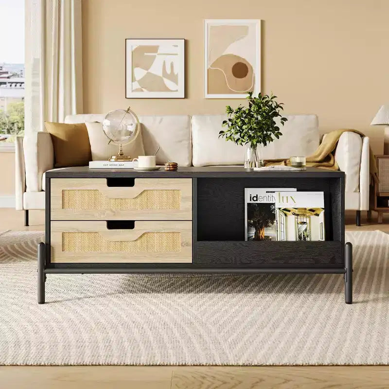Modern Coffee Table for Living Room, Wood Center Table with LED Lights, 4 Rattan Drawers & 2 Storage Compartments, for Apartment, Office, Black/Oak