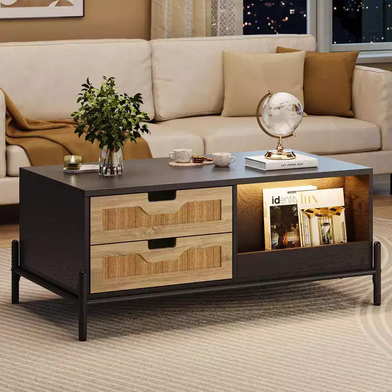 Modern Coffee Table for Living Room, Wood Center Table with LED Lights, 4 Rattan Drawers & 2 Storage Compartments, for Apartment, Office, Black/Oak