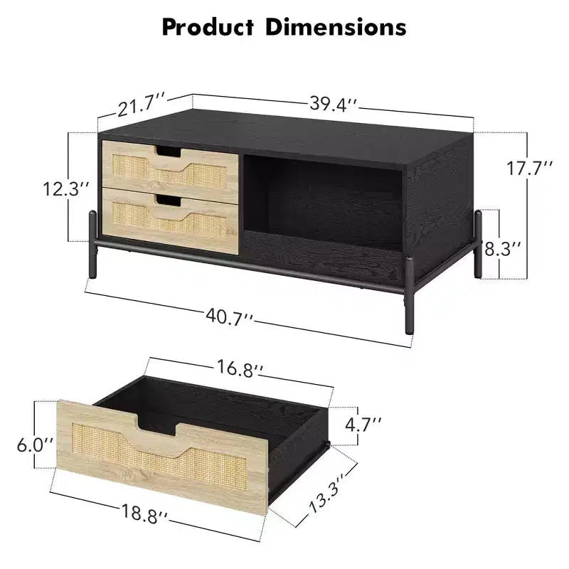 Modern Coffee Table for Living Room, Wood Center Table with LED Lights, 4 Rattan Drawers & 2 Storage Compartments, for Apartment, Office, Black/Oak