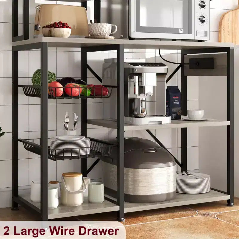 Bakers Rack with Power Outlets & Hooks, Industrial Microwave Stand with Storage, Slim Coffee Bar Station Kitchen Shelves for Small Spaces