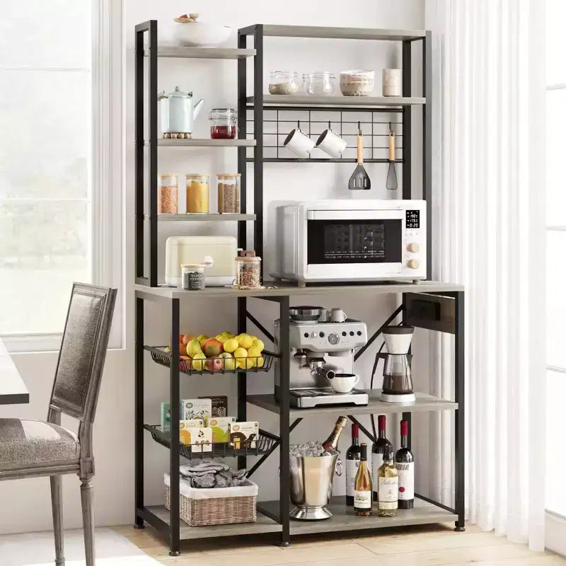 Bakers Rack with Power Outlets & Hooks, Industrial Microwave Stand with Storage, Slim Coffee Bar Station Kitchen Shelves for Small Spaces