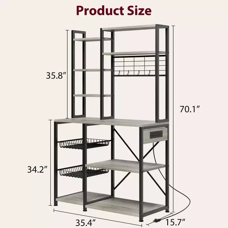 Bakers Rack with Power Outlets & Hooks, Industrial Microwave Stand with Storage, Slim Coffee Bar Station Kitchen Shelves for Small Spaces