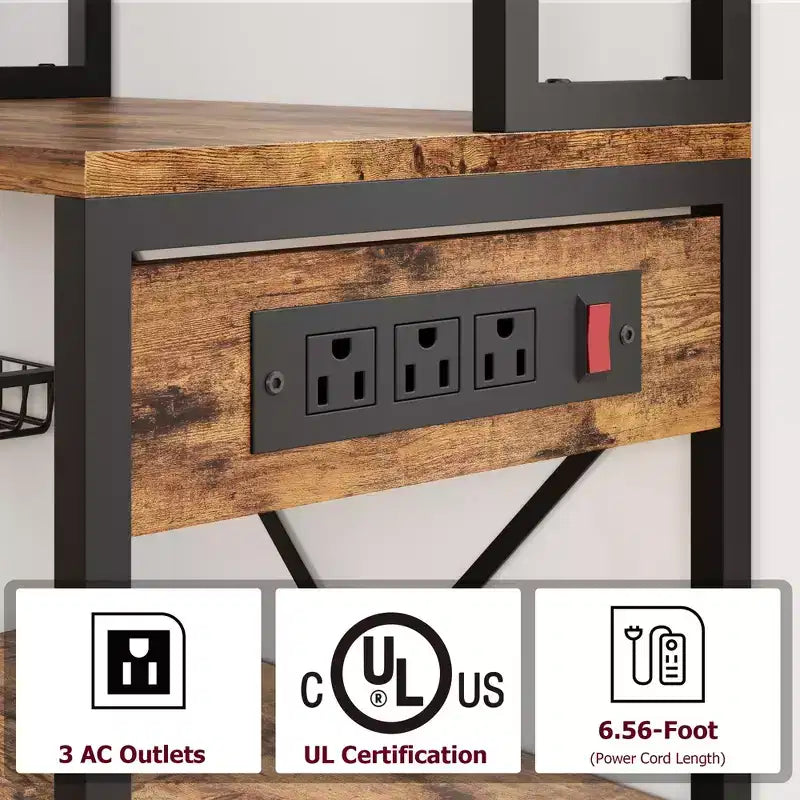 Bakers Rack with Power Outlets & Hooks, Industrial Microwave Stand with Storage, Slim Coffee Bar Station Kitchen Shelves for Small Spaces