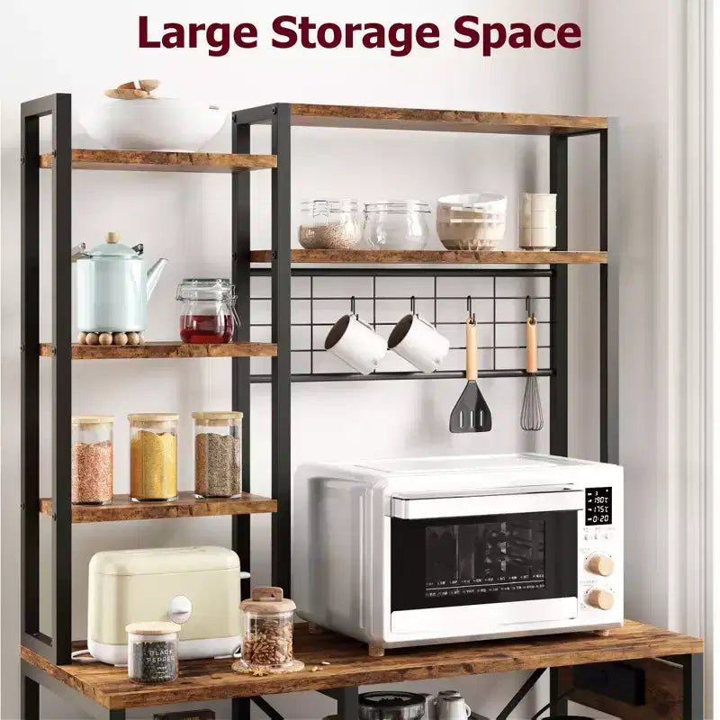 Bakers Rack with Power Outlets & Hooks, Industrial Microwave Stand with Storage, Slim Coffee Bar Station Kitchen Shelves for Small Spaces