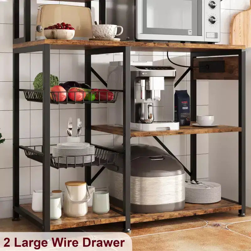 Bakers Rack with Power Outlets & Hooks, Industrial Microwave Stand with Storage, Slim Coffee Bar Station Kitchen Shelves for Small Spaces