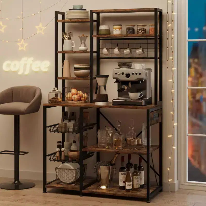 Bakers Rack with Power Outlets & Hooks, Industrial Microwave Stand with Storage, Slim Coffee Bar Station Kitchen Shelves for Small Spaces