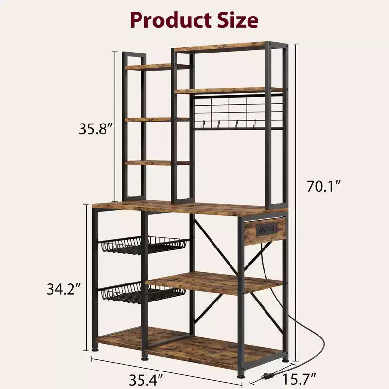 Bakers Rack with Power Outlets & Hooks, Industrial Microwave Stand with Storage, Slim Coffee Bar Station Kitchen Shelves for Small Spaces
