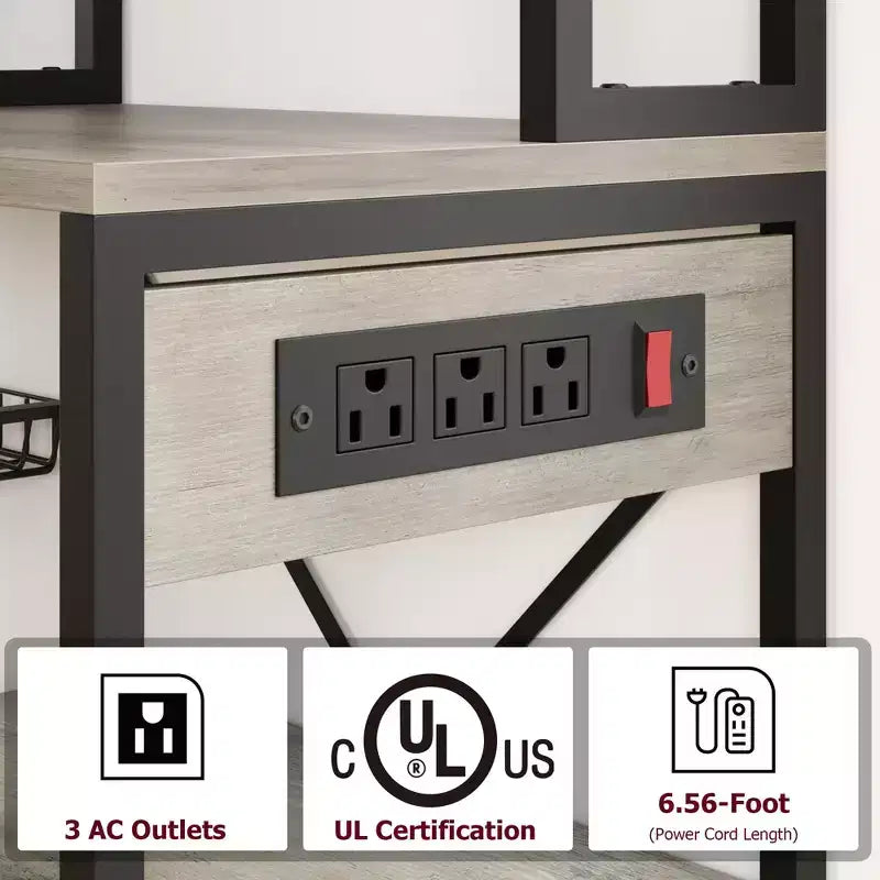 Bakers Rack with Power Outlets & Hooks, Industrial Microwave Stand with Storage, Slim Coffee Bar Station Kitchen Shelves for Small Spaces