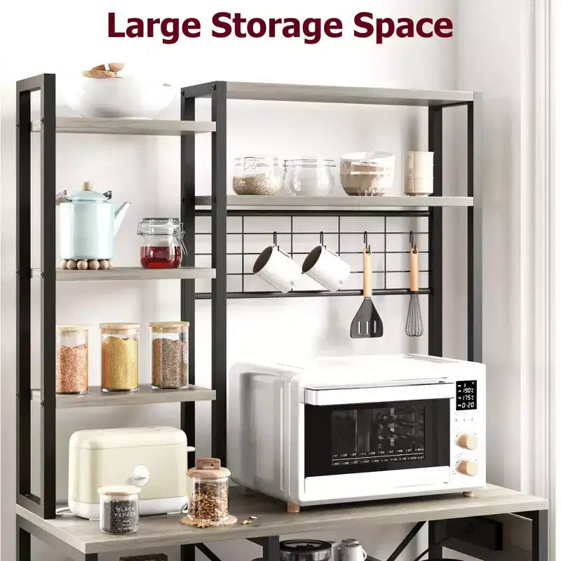 Bakers Rack with Power Outlets & Hooks, Industrial Microwave Stand with Storage, Slim Coffee Bar Station Kitchen Shelves for Small Spaces