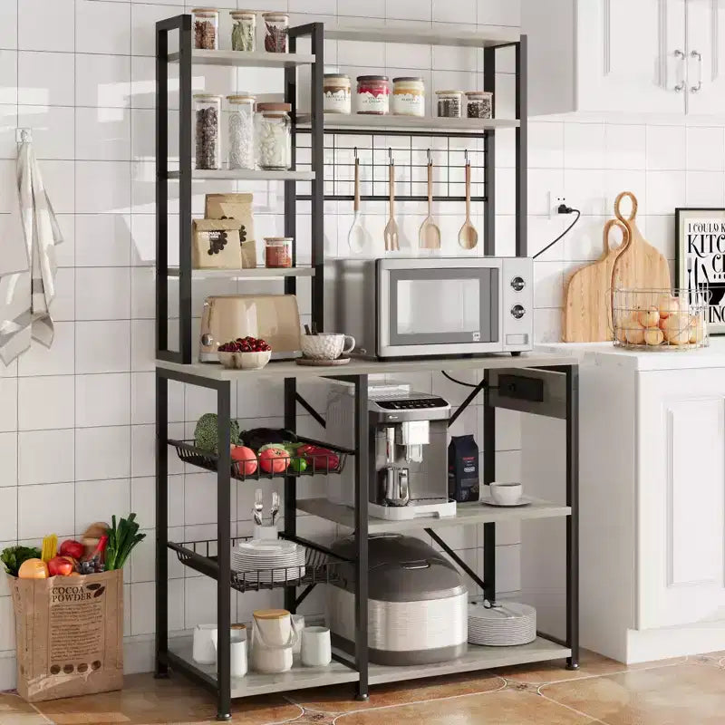 Bakers Rack with Power Outlets & Hooks, Industrial Microwave Stand with Storage, Slim Coffee Bar Station Kitchen Shelves for Small Spaces