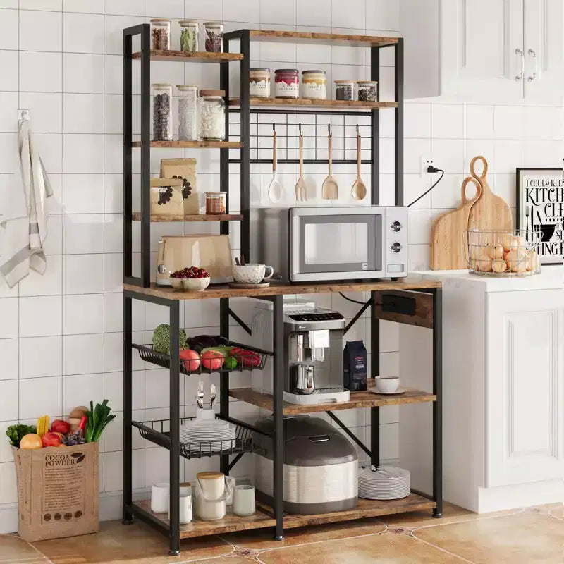 Bakers Rack with Power Outlets & Hooks, Industrial Microwave Stand with Storage, Slim Coffee Bar Station Kitchen Shelves for Small Spaces
