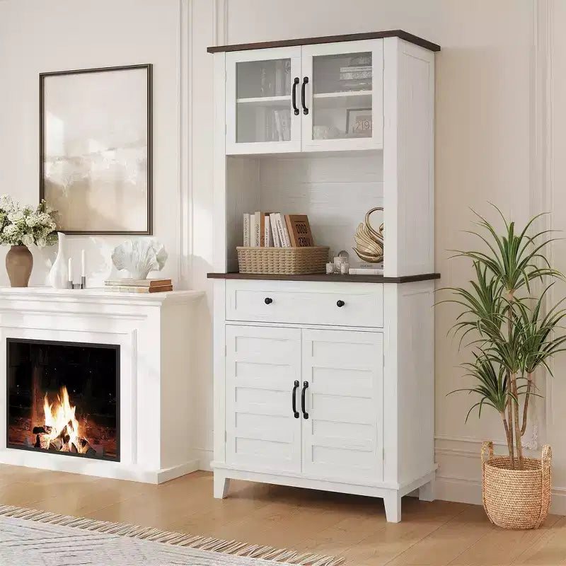 72 Tall Storage Cabinet with Glass Doors & Drawer, Kitchen Pantry Cabinet with Microwave Oven Countertop and Adjustable Shelves, Brown and White