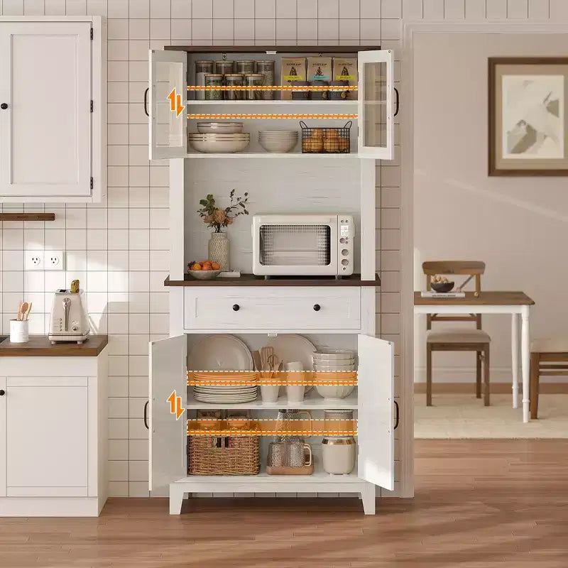 72 Tall Storage Cabinet with Glass Doors & Drawer, Kitchen Pantry Cabinet with Microwave Oven Countertop and Adjustable Shelves, Brown and White