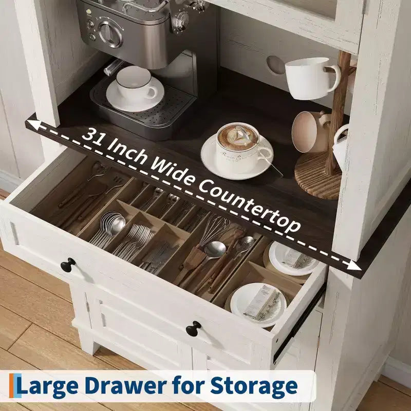 72 Tall Storage Cabinet with Glass Doors & Drawer, Kitchen Pantry Cabinet with Microwave Oven Countertop and Adjustable Shelves, Brown and White