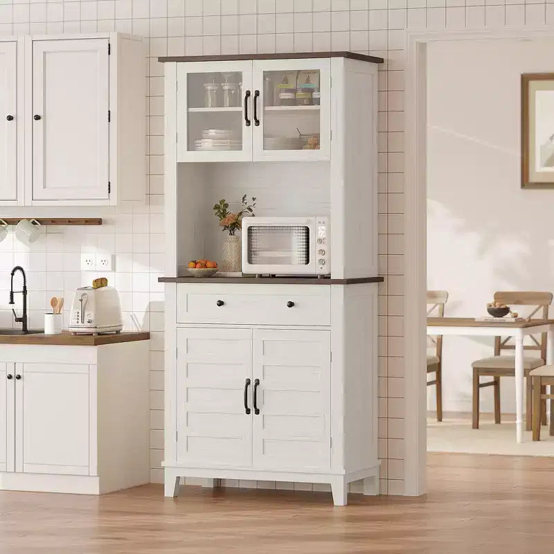 72 Tall Storage Cabinet with Glass Doors & Drawer, Kitchen Pantry Cabinet with Microwave Oven Countertop and Adjustable Shelves, Brown and White