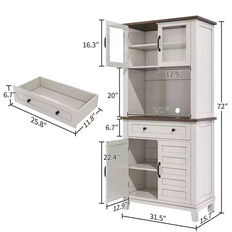 72 Tall Storage Cabinet with Glass Doors & Drawer, Kitchen Pantry Cabinet with Microwave Oven Countertop and Adjustable Shelves, Brown and White