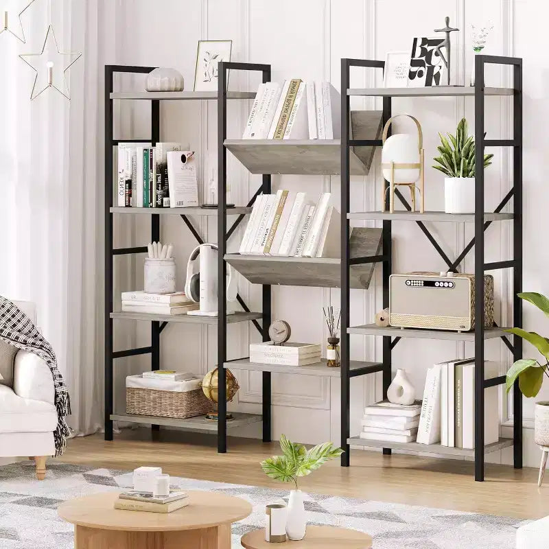 Acekool 4-Tier Industrial Bookcase, 54 Open Shelf with Metal Frame for Living Room, Bedroom & Office - Grey