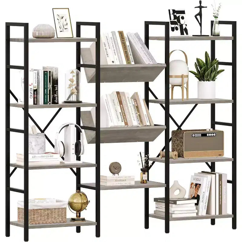 Acekool 4-Tier Industrial Bookcase, 54 Open Shelf with Metal Frame for Living Room, Bedroom & Office - Grey