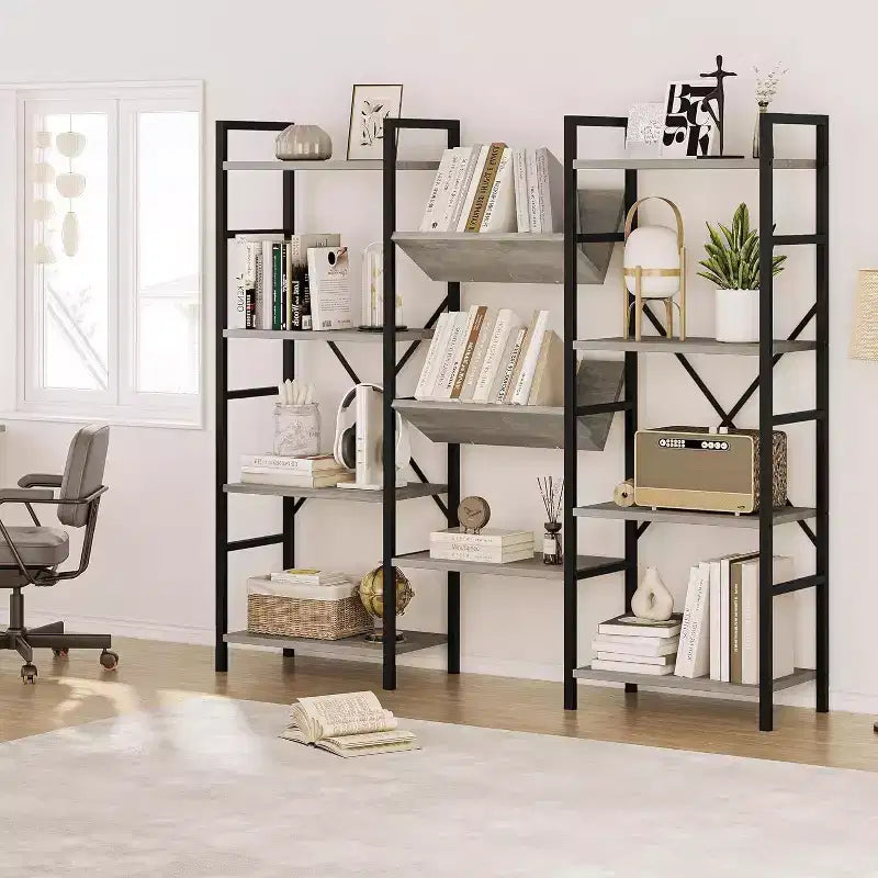 Acekool 4-Tier Industrial Bookcase, 54 Open Shelf with Metal Frame for Living Room, Bedroom & Office - Grey