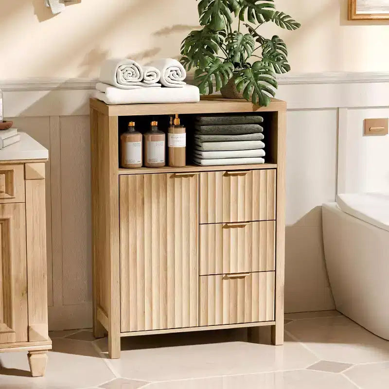 VINGLI Fluted Bathroom Floor Storage Cabinet with Fluted Door 3 Drawers,Modern Short Bathroom Storage Cabinet, Natural Oak Color