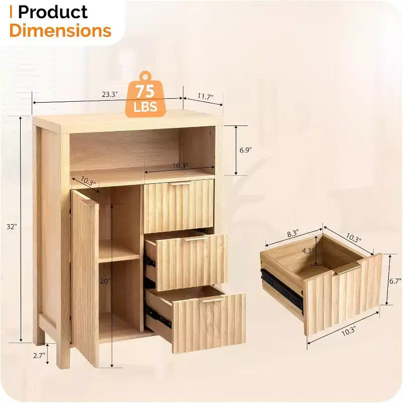 VINGLI Fluted Bathroom Floor Storage Cabinet with Fluted Door 3 Drawers,Modern Short Bathroom Storage Cabinet, Natural Oak Color